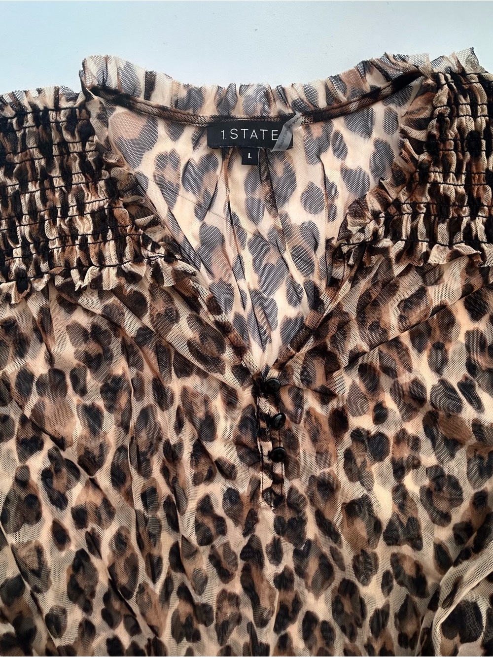 1.STATE Leopard Print Smocked Yoke Shirt - Brown/Black/Cream
